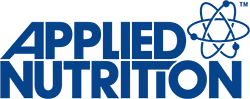 Applied Nutrition logotyp: blå text “APPLIED NUTRITION” bredvid en stiliserad atomsymbol