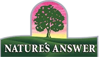NATURE'S ANSWER logotyp med vitt text, grönt träd och kulle framför rosa-gul himmel med båge.